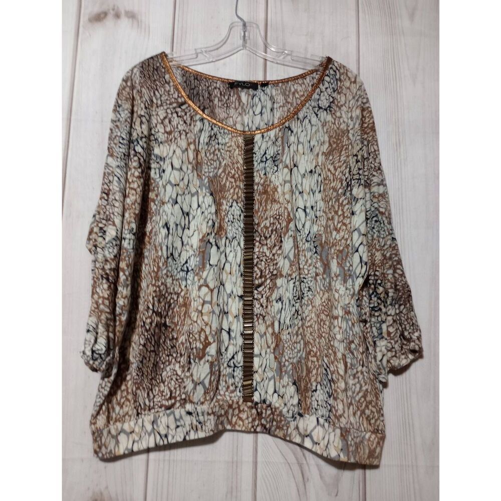 Fylo Shirt Ladies Extra Large Brown Beaded Round Neck Cold Shoulder
